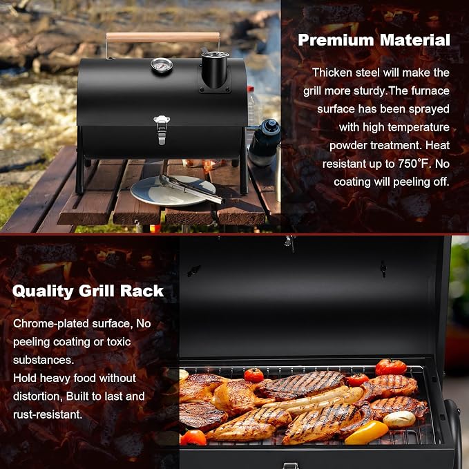 Joyfair Portable Charcoal Grill with Thermometer, Small BBQ Camping Grills | For Outdoor Backyard Party Tabletop Barbecue Cooking, Extra Thick Steel & Heavy Duty, Innovative Design & Easy Assembly