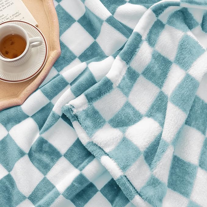 LOMAO Throw Blankets Flannel Blanket with Checkerboard Grid Pattern Soft Throw Blanket for Couch, Bed, Sofa Luxurious Warm and Cozy for All Seasons (Light Blue, 40"x60")