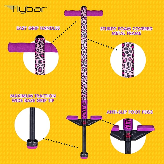 Flybar Jolt Pogo Stick for Kids, Perfect for Beginners w/ Foam-Covered Metal Frame, Handles & Padding, Non-Slip Foot Pads, Wide Tip, Outdoor Active Play Toy for Boys & Girls, Ages 6+, Leopard