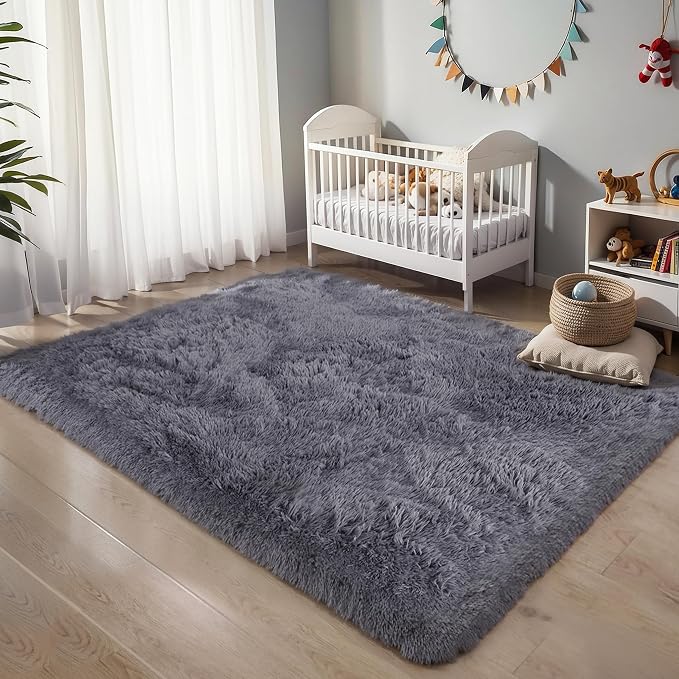 5x8 Thick Grey Fluffy Shag Rug for Bedroom, Plush Washable Carpet | Area Rug for Living Room, Kids Nursery, Boys Girls Dorm Room, Non Slip Shaggy Floor Carpet