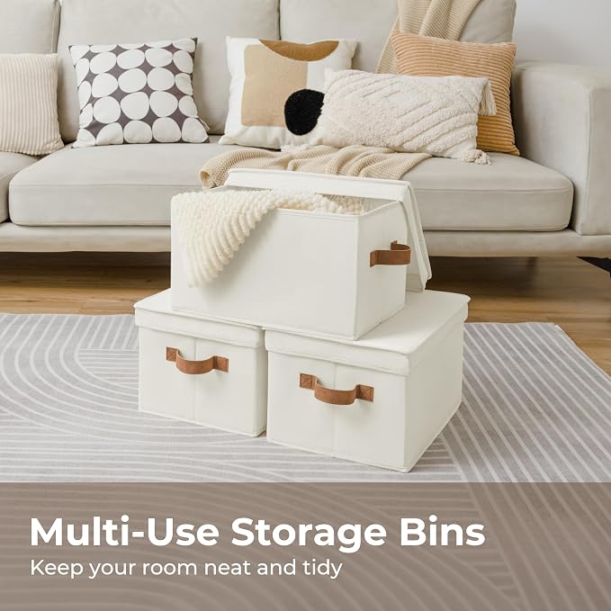 StorageWorks Closet Storage Bins, Fabric Storage Bins with Lids | Lidded Dust-proof, Easy Pull Handles, Foldable, Stackable, Ideal for Clothes Blanket Towel, Large, Ivory, 3-Pack