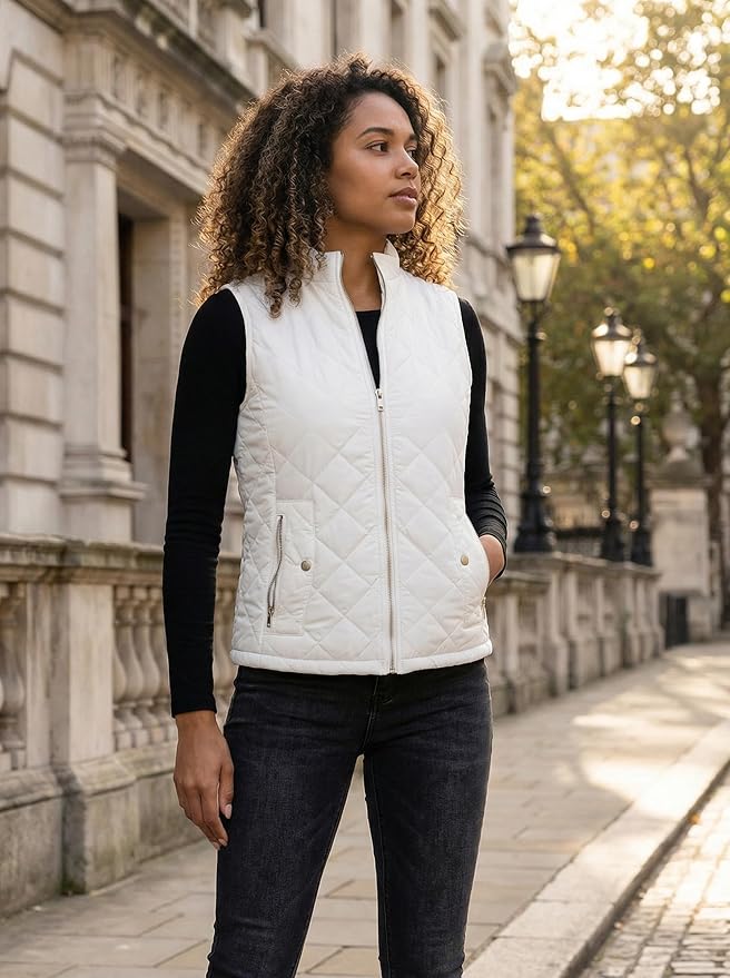 Fuinloth Women's Quilted Vest Lightweight Puffer Stand Collar Zip Gilet | 4 pockets with 2 inner storage. Quilted padded warm gilet. Fall winter outerwear layering vest for travel hiking daily wear.