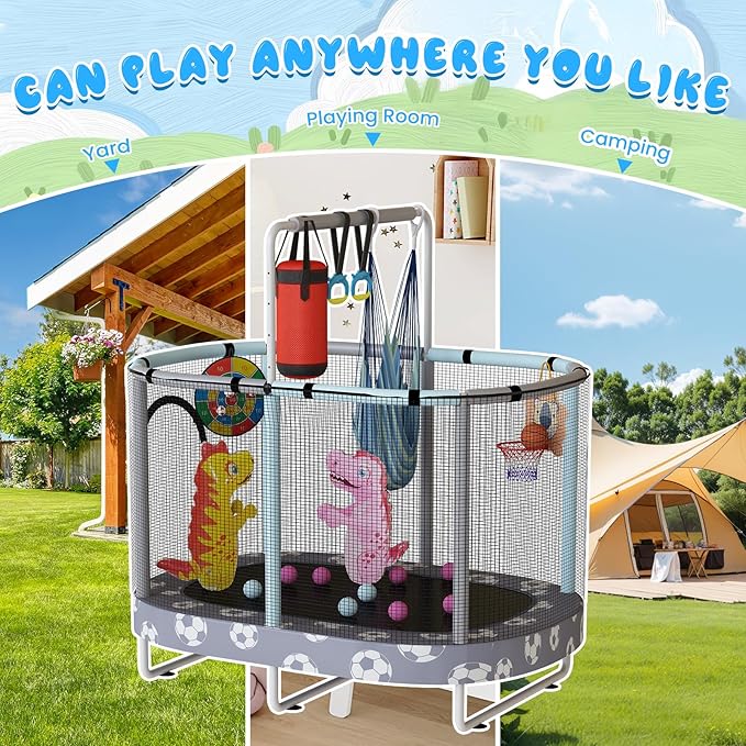 LAMERGE 55" 7-in-1 Round Trampoline for Kids Boys & Girls Ages 1-8, Indoor & Outdoor Trampoline for Fun, Adjustable Height Handrail ＆ Enclosed Safety Net ＆ Durable Designs for Toddlers Children