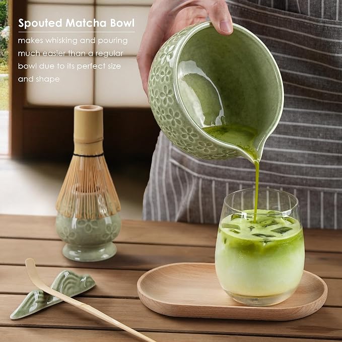 7Pcs Matcha Whisk Set, Matcha Set Whisk and Bowl,Bamboo Scoop, Scoop Rest, Sifter and Tea Towel, Matcha Kit W/Carved Cherry Blossm Pattern for Matcha Lovers (Sakura Green)