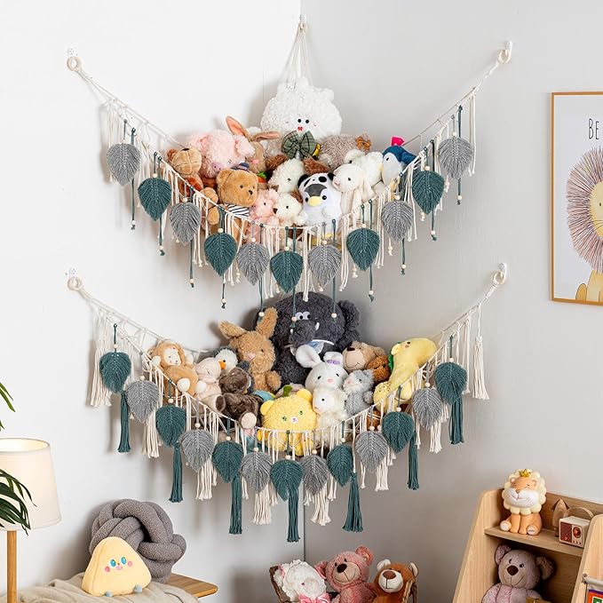 Pretty Jolly Macrame Stuffed Animal Hammock with Beads Hand Woven Leaf Tassels Corner Hanging Net Boho Plush Holder for Kid Room Nursery Decor Organizer for Girls Gift(Lightgray & Blue)