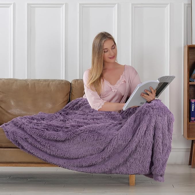Decorative Extra Soft Fuzzy Faux Fur Throw Blanket 50" x 60",Solid Reversible Long Hair Shaggy Blanket,Fluffy Plush Comfy Microfiber Fleece Blanket for Couch Sofa Bedroom,Patrican Purple