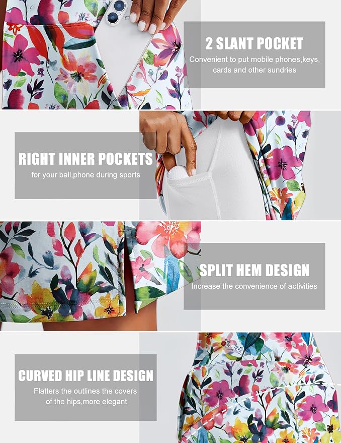 PINSPARK 20" Skorts for Woman Knee Length UPF 50+ Golf Skirts | 4 Pockets, Built-in Shorts, High Waisted, Split Hem, Silky-smooth, Moisture-wicking, for Golf Athletic Tennis Workout Casual