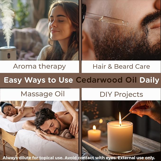 Cedarwood Essential Oil – 100% Pure and Natural Warm Woody Cedar Aroma for Diffusers, Aromatherapy, Hair and Skin Care, Scalp Massage, Soap and Candle Making – with Glass Dropper, 4 oz