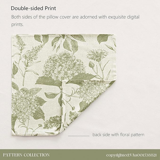 Foindtower Set of 2 Linen Floral Throw Pillow Covers Vintage Accent Print Decorative Cozy Cushion Covers Farmhouse Boho Home Decor for Sofa Chair Couch Bedroom Living Room,20×20 Inch,Light Green