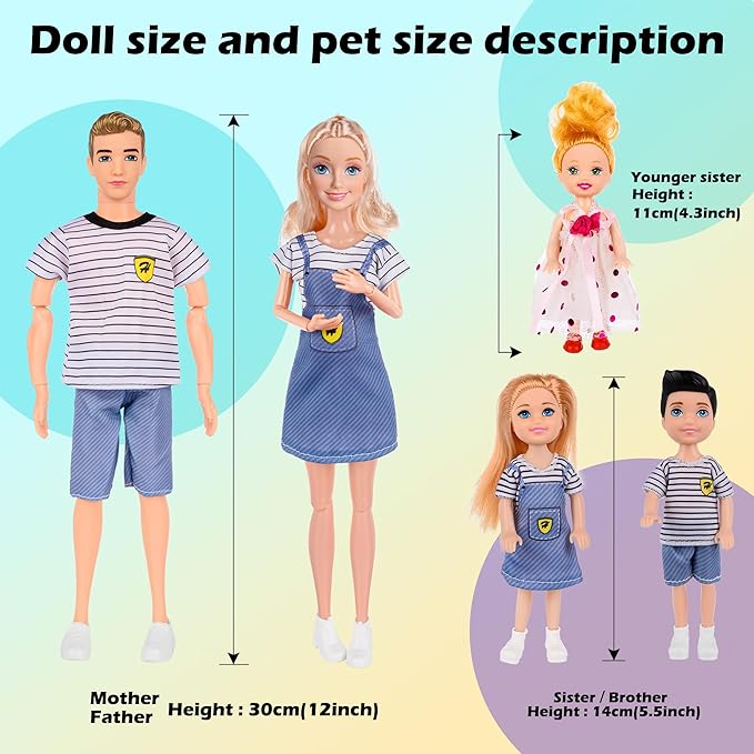 dollbie Dolls Family Playset with Baby Stroller Set- 6 People, Pets & Accessories for 3-12 Years Old | Toddler Gift with Pregnant Mom, Dad, 3 Kids, Dogs, and Interactive Play