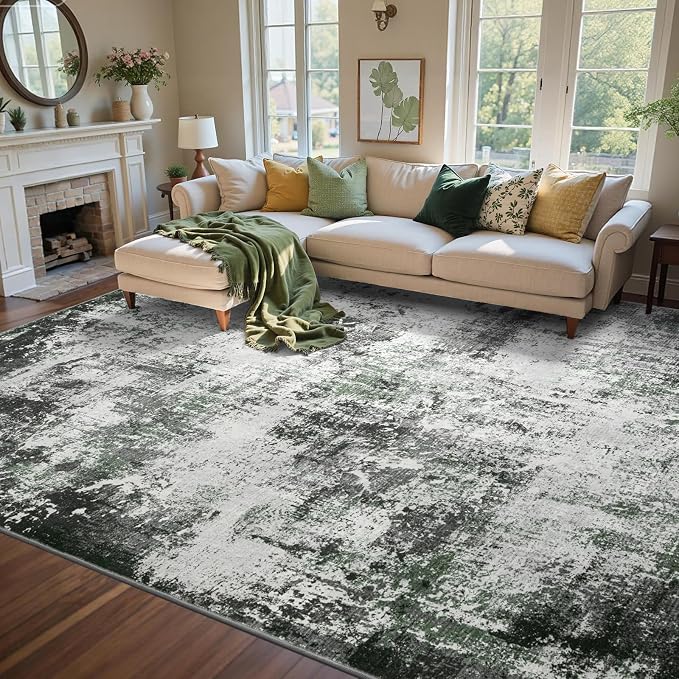 8x10 Ft Large Area Rugs for Living Room, Soft Non-Slip Washable Rugs Modern Abstract Pattern Carpet for Bedroom Indoor Floor Nursery Home Decor (Grey/Green)