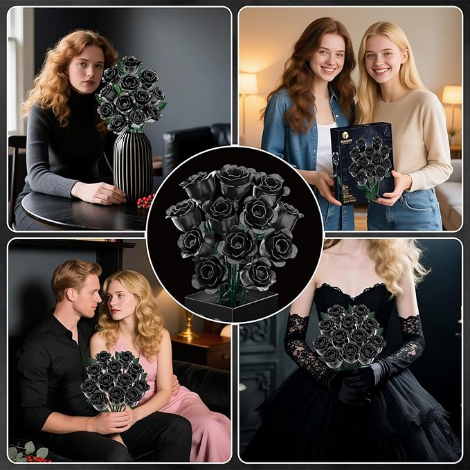 Black Rose Bouquet Building Blocks, Artificial Roses Flowers Botanical Collection Building Set, Gothic Home Decor, Christmas Halloween Birthday Present for Adults Kids Lover