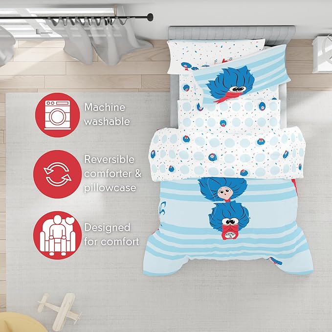 Dr Seuss The Cat in The Hat Movie Set, Full Size 5 Piece Kids Super Soft Cozy Reversible Comforter and Sheet Set, Thing 1, Thing 2, Thing 3 (Officially Licensed Product) By Franco | Durable, Reversible, Officially Licensed