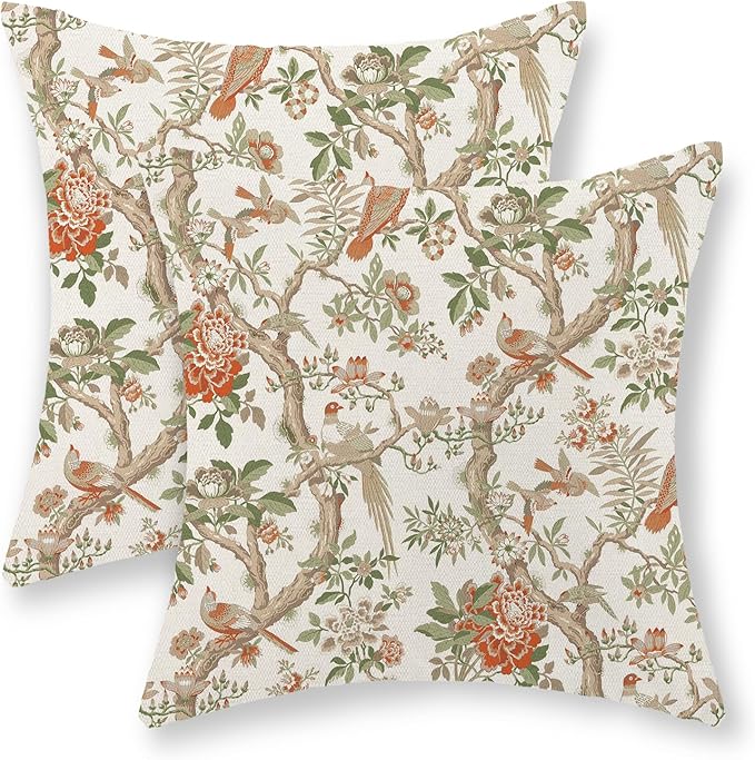 Chinoiserie Pillow Covers 18x18 Set of 2 Orange Green Bird Floral Throw Pillows Vintage Flowers Decorations Outdoor Pillowcase Chinoiserie Decor Farmhouse Linen Cushion Case for Couch Home
