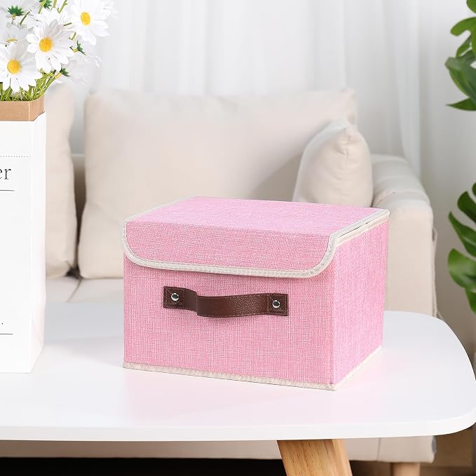 ANMINY Fabric Storage Box Bins with Lids, Pink, 10"x8"x7", 4 Pack | Keepsake Memory Storage, Cotton Linen, PP Board Reinforced, Washable, PU Handles, Foldable & Stackable, Decorative, Small