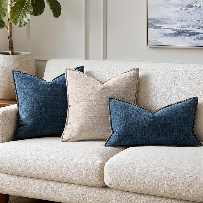 MIULEE Decorative Lumbar Throw Pillow Covers 12x20 Inch Dark Blue 2 Pack | Farmhouse Pillow Covers with Stitched Edge, Soft Chenille Cushion Cases, for Couch Sofa Bed Living Room Home Decor