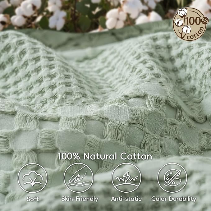 PHF 100% Cotton Waffle Weave Throw Blanket, Lightweight Breathable Summer Blanket for Couch Sofa, Pre-Washed Soft Throws for Bed, Office, Travel & Stylish Home Decor, 50"x60", Mint Green
