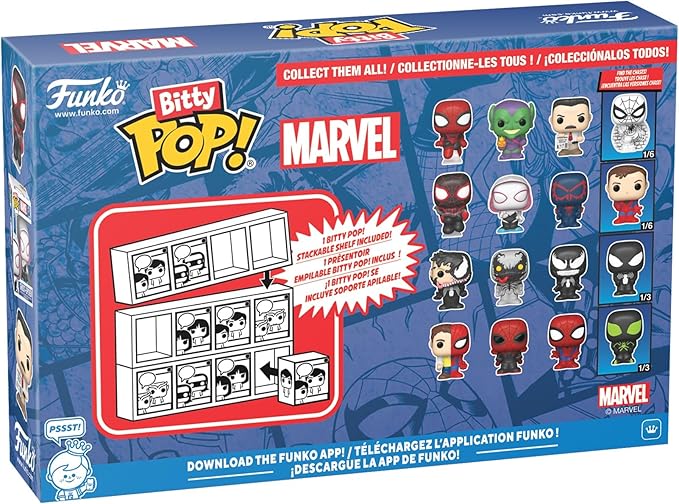 Funko Pop! Bitty: Spider-Man - Spider-Man, Green Goblin, J Jonah Jameson, and Mystery Chase Figure - 0.9 Inch (2.2 Cm) - Marvel Comics Collectable - Stackable Display Shelf Included - Gift Idea