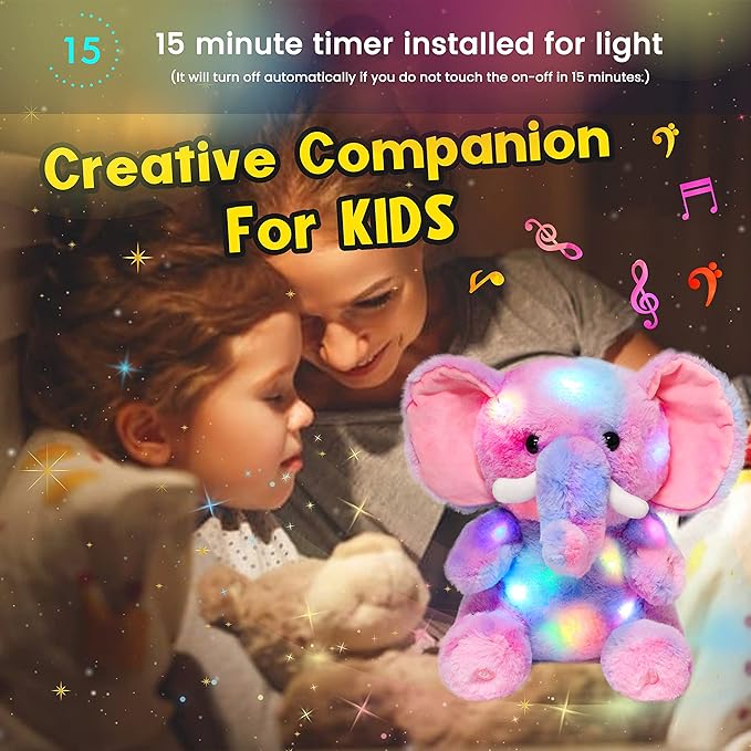 Hopearl Colorful LED Musical Stuffed Elephant Lighting Up Singing Plush Elephish Adjustable Volume Lullaby Animated Soothe Birthday Festival for Kids Toddlers, Rainbow, 11''