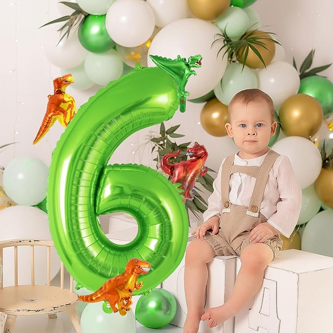Dinosaur Green Number 6 Balloon, 40 Inch Big Large Foil Helium Green Number Balloon with 4 Pcs Mini Dinosuar, Dinosuar Balloons Set for 6 Year Old Birthday Party Decorations Supplies