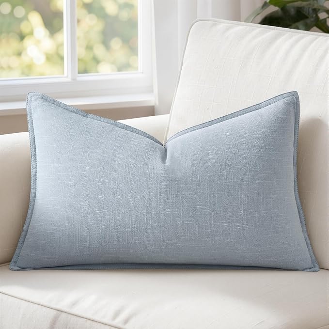 MIULEE Decorative Linen Lumbar Pillow Cover 12x20 Inch Light Blue | Boho Farmhouse Couch Long Throw Pillow for Bed, Pack of 1 Accent Coastal Modern Pillowcase, Sofa Livingroom Home Decor
