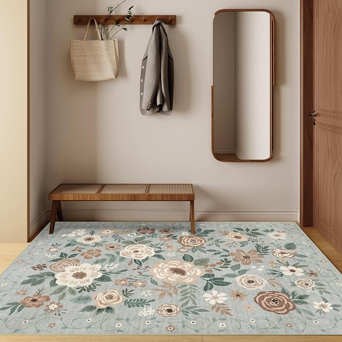 DUKINO 4x6 Area Rug, Floral Washable Office Chair Rug Non Slip, Sage Green | Low Pile, Stain Resistant, Soft Indoor Rug for Bedroom, Living Room, Dining Room, Kids Room, Pet Friendly, Modern Home Decor