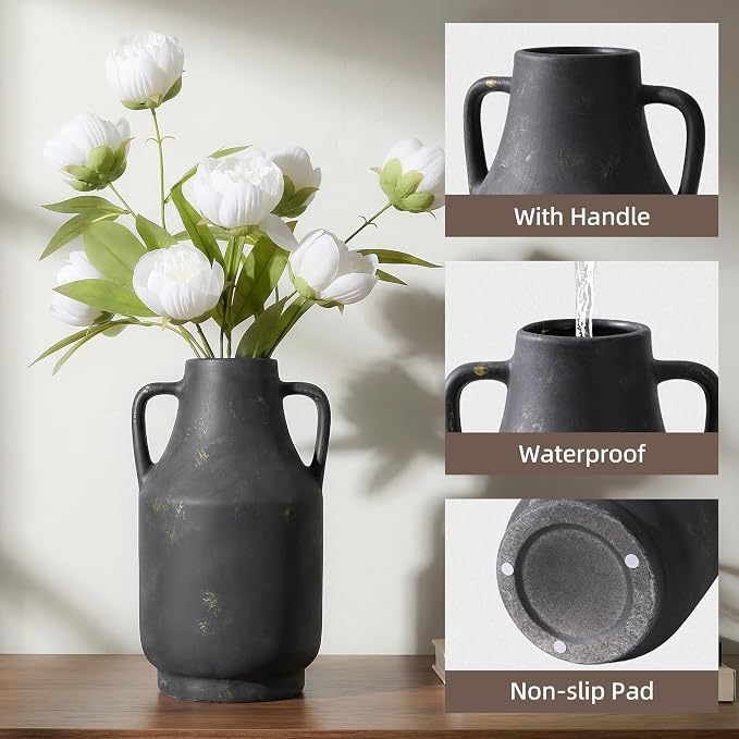 Ceramic Flower Vase with Handles, 11 Inch Tall Rustic Vase, Large Terracotta Pottery Vase for Home Decor, Farmhouse Decorative Vase for Living Room Kitchen Table Shelf Bedroom Decor