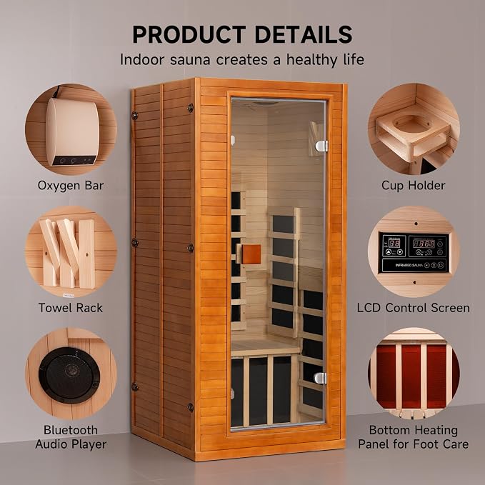 Full Spectrum Infrared Sauna, 1 Person Home Infrared Sauna with Red Light Therapy, Indoor Canadian Hemlock Wood Dry Saunas Room,1178w/120v, Foot Warmer, 7 Heating Panels, Bluetooth Speakers