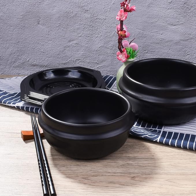 Korean Stone Bowl with Tray, Premium Ceramic Hot Pot for Bibimbap Soup, 27oz Small