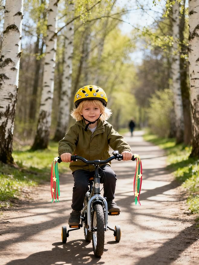 PLATT Kids Bike & Scooter Handlebar Streamers - Bright Ribbon Tassels for Boys & Girls, Cute Bicycle Decor (Red/Green/Gold, 1 Pair)