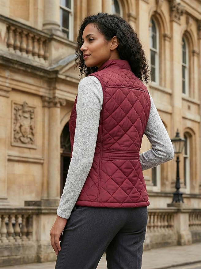 Fuinloth Women's Quilted Vest Lightweight Puffer Stand Collar Zip Gilet | 4 pockets with 2 inner storage. Quilted padded warm gilet. Fall winter outerwear layering vest for travel hiking daily wear.