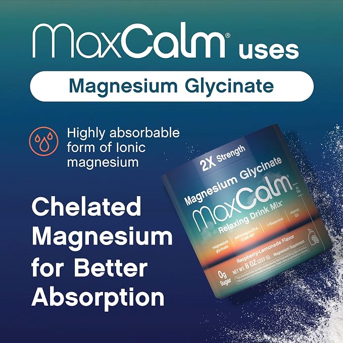 Relaxing Drink Mix | Raspberry-Lemonade Flavor | Magnesium Glycinate, KSM-66 Ashwagandha, L-Theanine & Vitamin D3 | MaxCalm | Gluten-Free, Vegan | 8 Ounce Powder