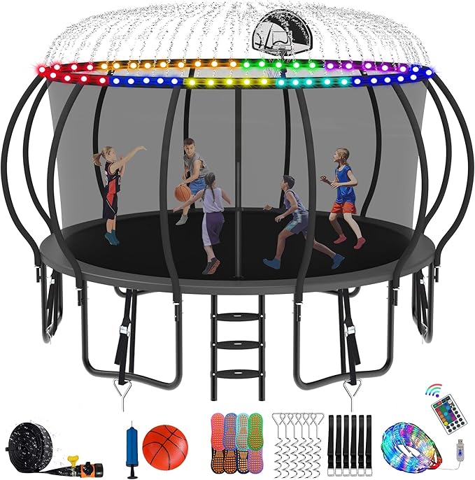DeepRoar 2026 Upgraded 8/10/12/14/15/16FT Pumpkin Tranpoline for Kids, Heavy Duty 1500LBS Outdoor Tranpoline Set with Basketball Hoop, Light, Sprinkler & Socks, Recreational Trampolings, ASTM Approved