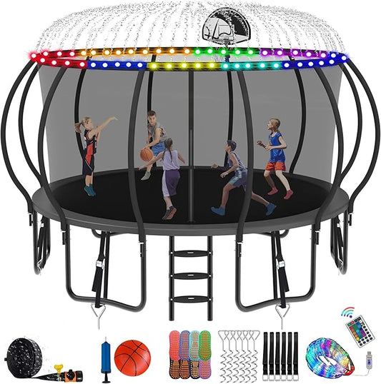 DeepRoar 2026 Upgraded 8/10/12/14/15/16FT Pumpkin Tranpoline for Kids, Heavy Duty 1500LBS Outdoor Tranpoline Set with Basketball Hoop, Light, Sprinkler & Socks, Recreational Trampolings, ASTM Approved
