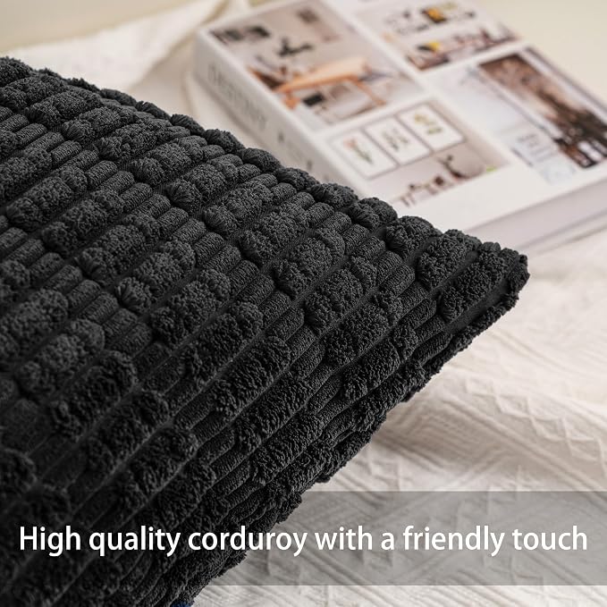 Aegero Pack of 2 Corduroy Decorative Throw Pillow Covers 22x22 Inch, Black | Fall Soft Striped Pillow Covers Modern Farmhouse Home Decor Christmas Throw Pillow Covers for Sofa Living Room Couch Bed