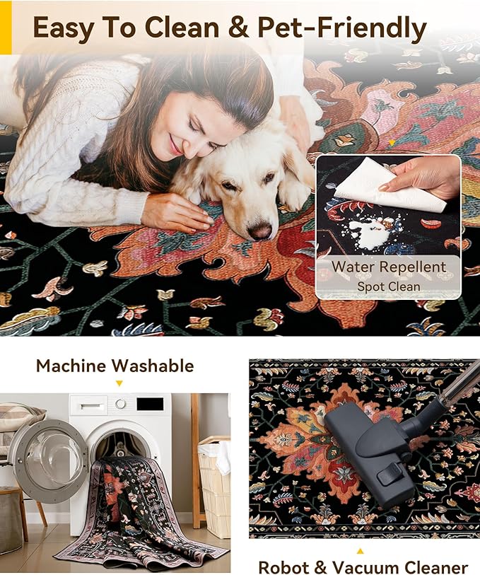 RELEANY Area Rugs Square 4ft Washable Non-Slip, Floral Vintage Distress Medallion Carpet for Living Room Bedroom Dining Room, Black Colorful Floral Dark Tan