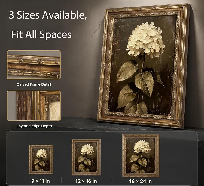 Vintage Gold Framed Floral Canvas Wall Art Retro White Hydrangea Flower Painting Picture Wall Decor Moody Botanical Flowers Poster Print Artwork for Living room Bedroom Home Decoration