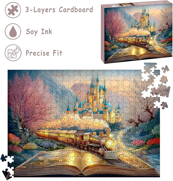Puzzles for Adults 500 Pieces, Train Jigsaw Puzzles - Train of Fantasy, Impossible Glass Castle Puzzle for Seniors Families, 20.47x14.96 Inches, 1:1 Poster, Letter On The Back