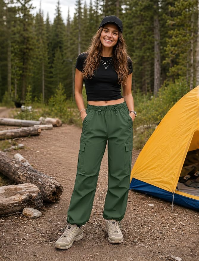 COPYLEAF Cargo Pants Women Elastic Waisted Parachute Hiking Pants with Pockets Water-Resistant Lightweight Baggy Pants