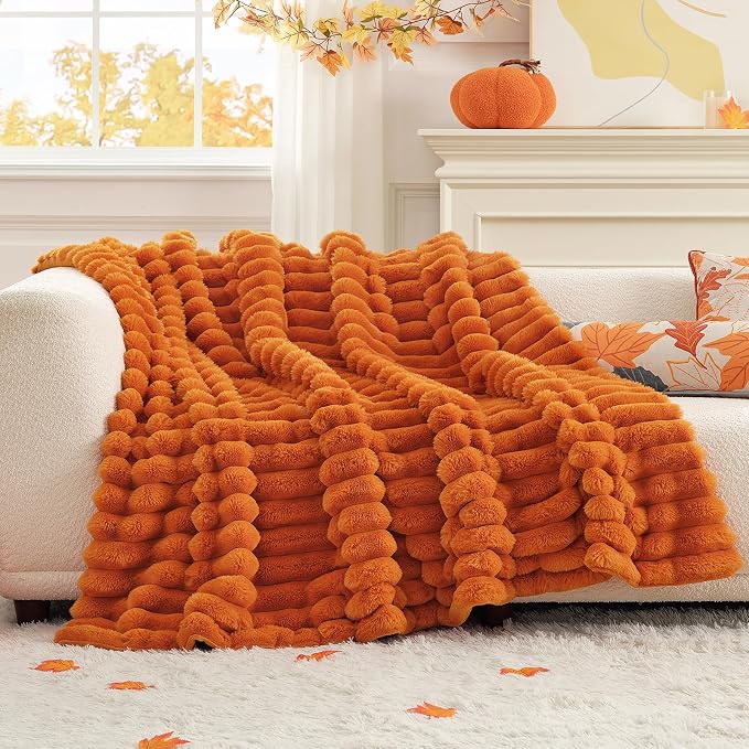 Cozy Bliss Faux Fur Throw Blanket for Couch, Cozy Warm Plush Striped Blanket for Sofa Bedroom Living Room, 60 * 80 Inches Burnt Orange