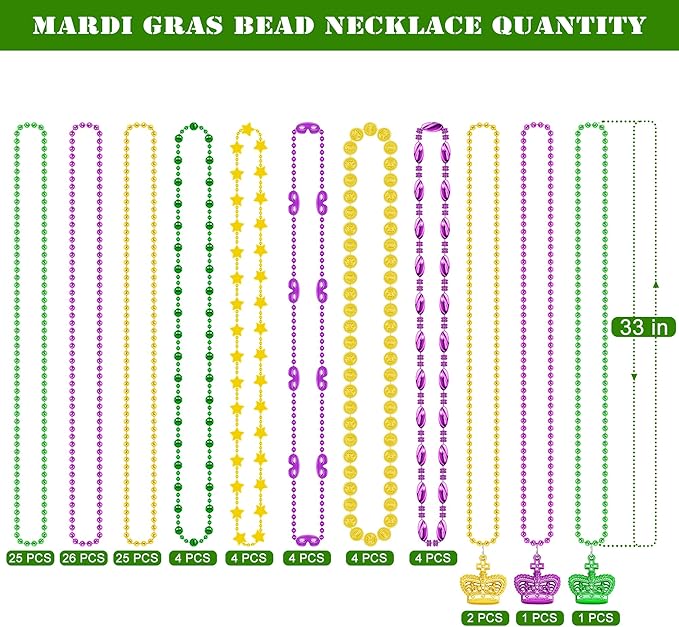 100PCS Mardi Gras Accessories, 11 Kinds Mardi Gras Beads Coins Mask Shape Necklace, Metallic Green Purple Gold Beads Parade Throw Costumes, Festival Carnivals Celebration Events Party Throws Supplies
