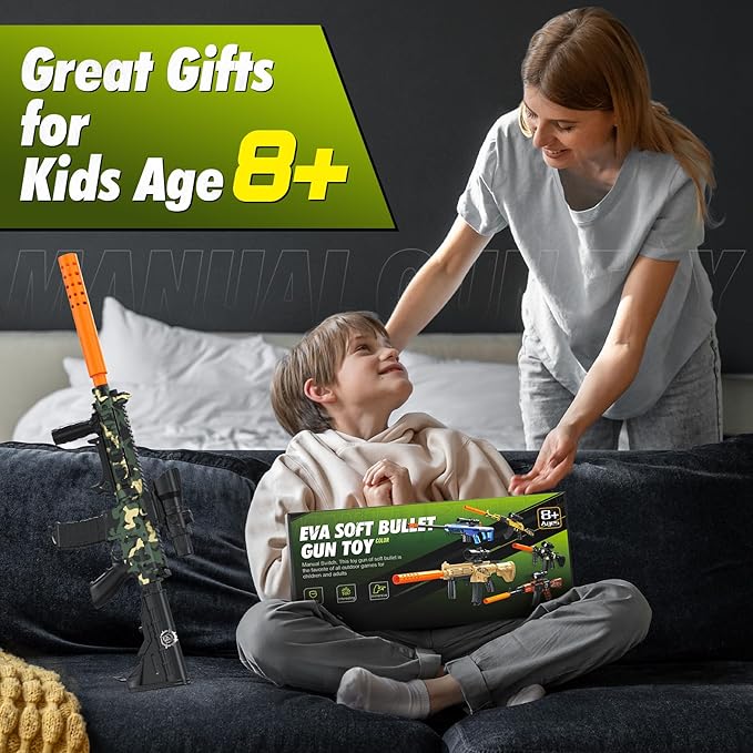 Toy Gun with Soft Bullets Shell Ejecting, Manual Foam Blasters Guns with 60 Bullets, Toy Gun Birthday Gift, Green