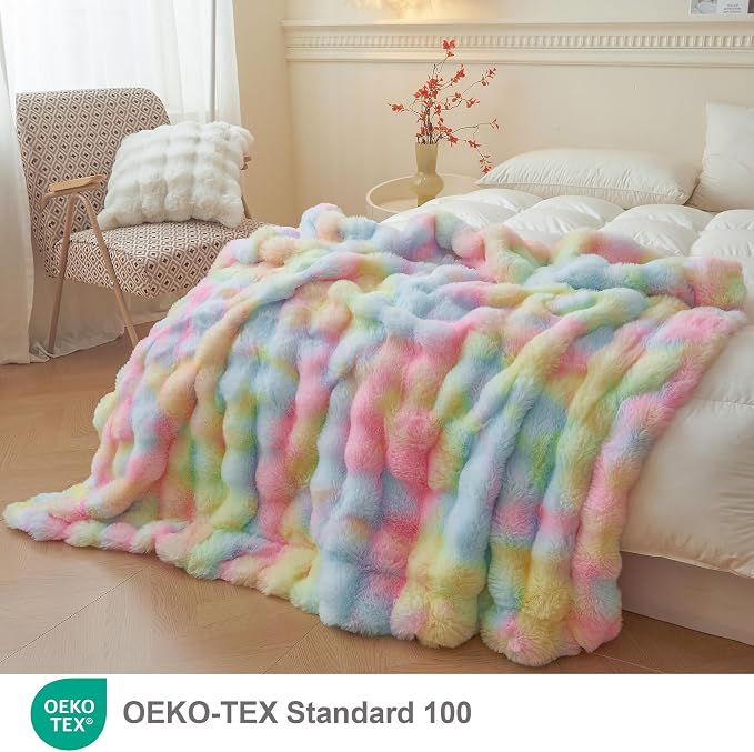 LIFEREVO Luxury Fluffy Faux Rabbit Fur Throw Blanket 60x80, Rainbow | Plush Fuzzy Bubble Lap Throw for Couch Sofa Office, Soft Cozy Tie Dye Furry Bed Blanket Home Decor, Washable & Skin-friendly