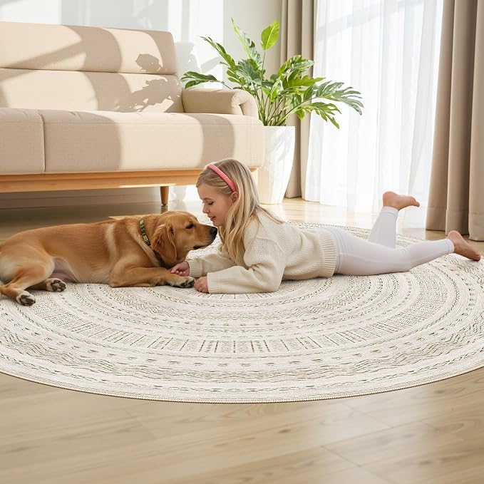 cotiled 6x6 Round Area Rugs Living Room Rug: Washable Boho Rugs with Non Slip Backing Large Soft Indoor Stain Resistant Carpet for Bedroom Farmhouse Dining Room Lightweight Home Decor Brown/Cream