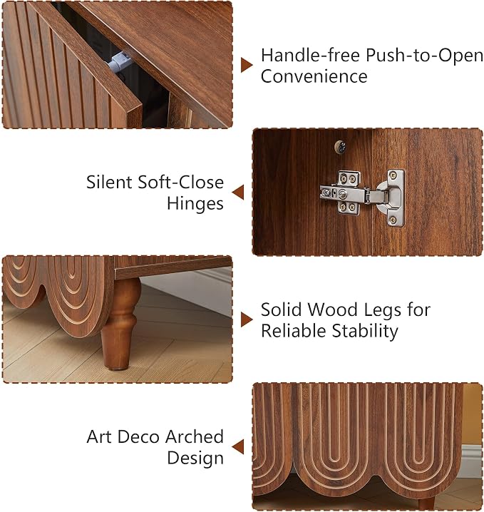 weselon Buffet Cabinet Set of 2, Arched 4-Door Sideboard with Adjustable Shelves, Push-to-Open & Soft-Close Hinges, Solid Wood Legs Storage Cabinet for Coffee Bar TV Console (Walnut)