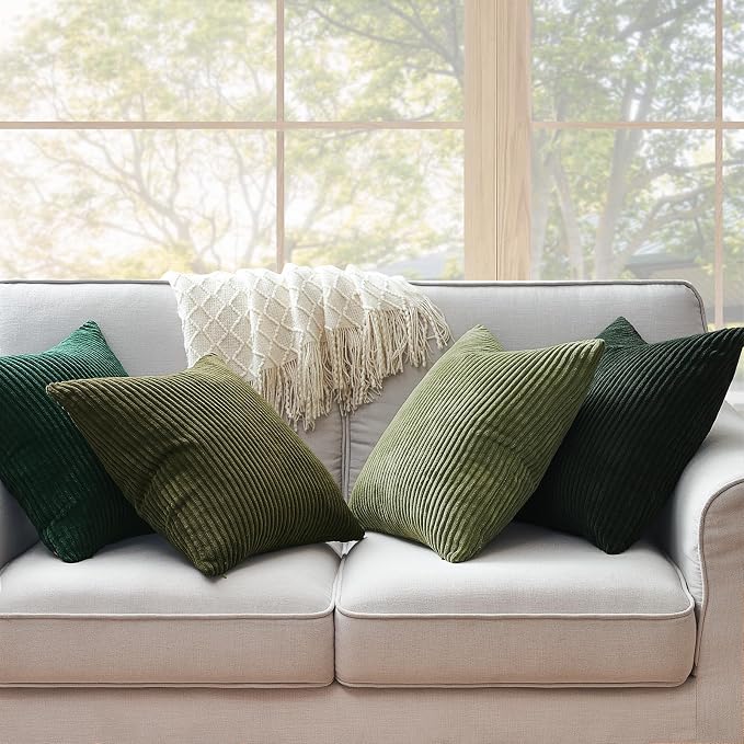 Topfinel Dark Green Euro Shams Decorative Throw Pillow Covers 22x22 Inch Set of 4,Soft Corduroy Striped Gradient Color Large Cushion Cover for Beach,Patio,Balcony,Living Room,Summer Home Decor