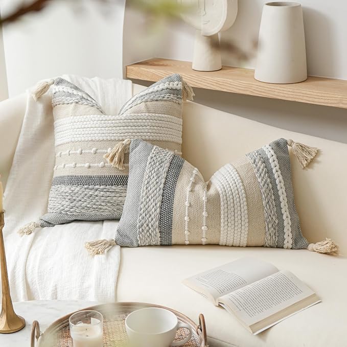 Decorative Lumbar Throw Pillow Cover 14x24 Boho Gray Accent Cushion for Couch Sofa Farmhouse Pillowcase for Bedroom Living Room Home Décor Cover ONLY