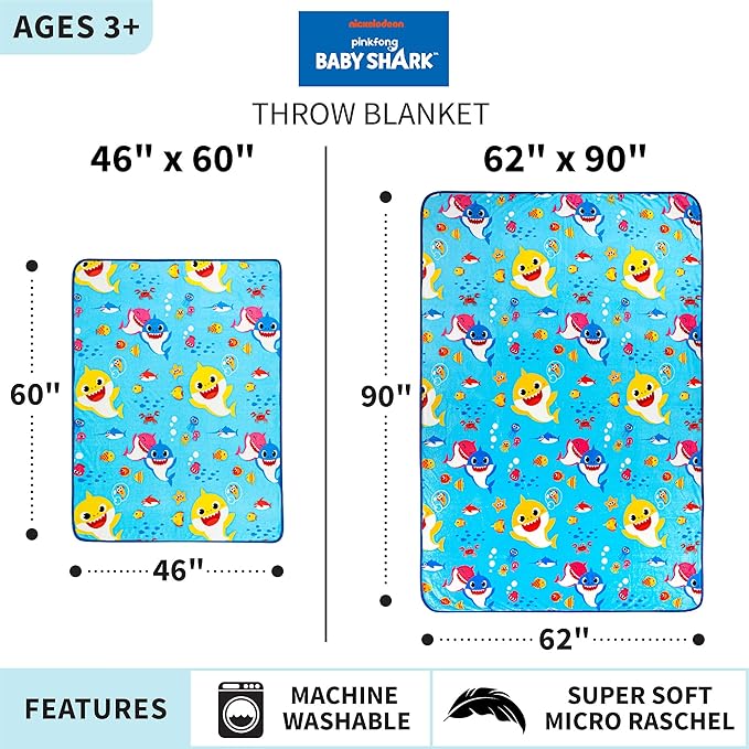 Franco - AT0468 Kids Bedding Super Soft Plush Throw Blanket, 46" x 60" Twin Size, Baby Shark