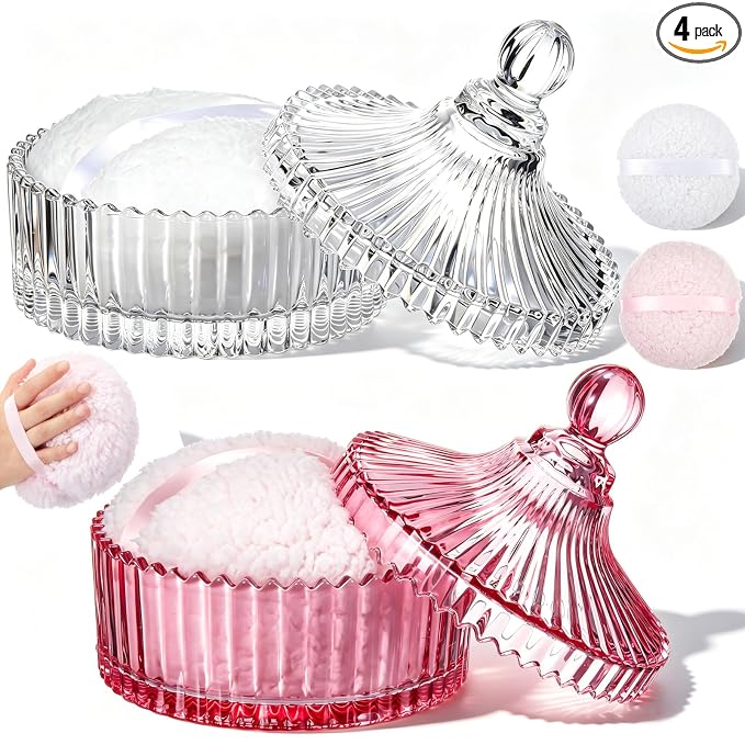 Tioncy 2 Set Extra Large Body Powder Puff and Container, 6'' Washable Vintage Decorative Crystal Powder & Container Gift for Bathroom Counter & Feminine Vanity Decor(Classic,Pink and Clear)
