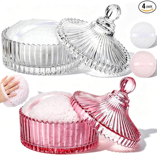 Tioncy 2 Set Extra Large Body Powder Puff and Container, 6'' Washable Vintage Decorative Crystal Powder & Container Gift for Bathroom Counter & Feminine Vanity Decor(Classic,Pink and Clear)